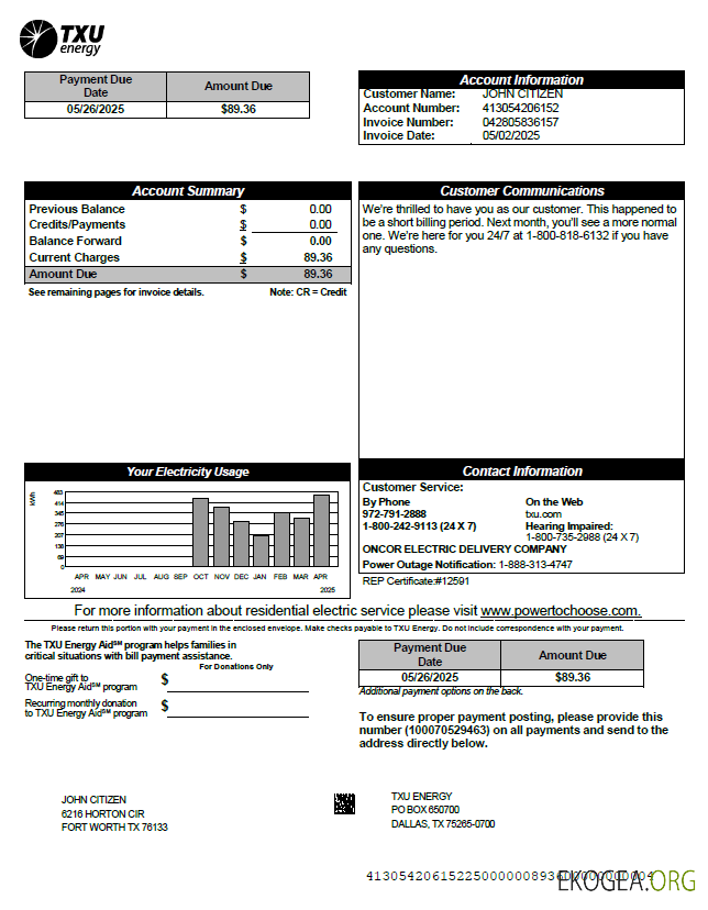 USA TXU Energy utility bill template in Word and PDF formats, version 6